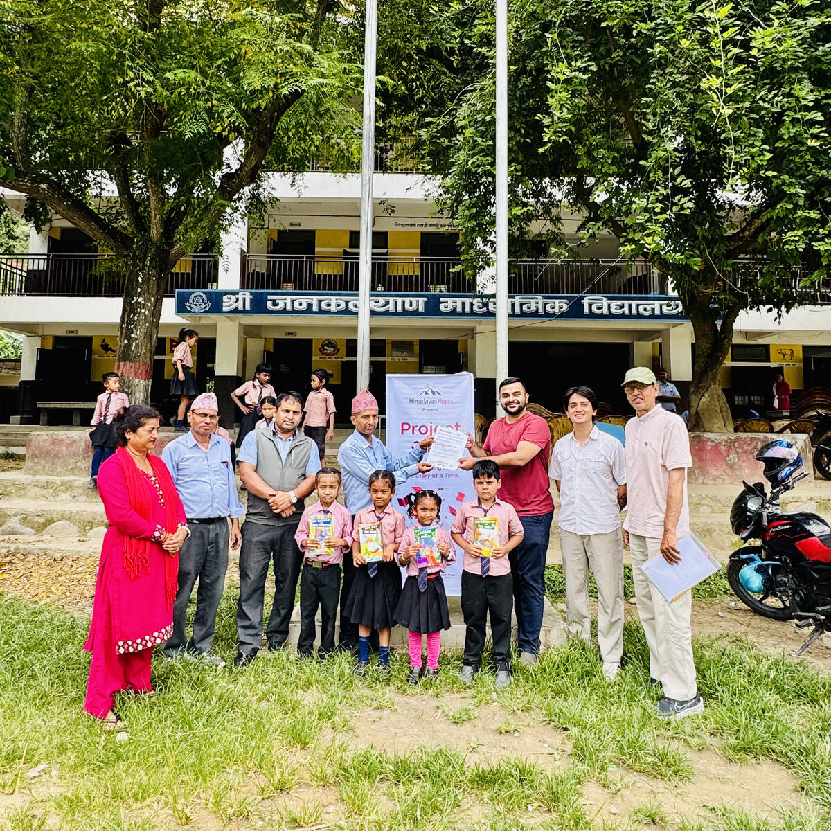 Team and students outside Shree Janakalyan Secondary School, Dhading