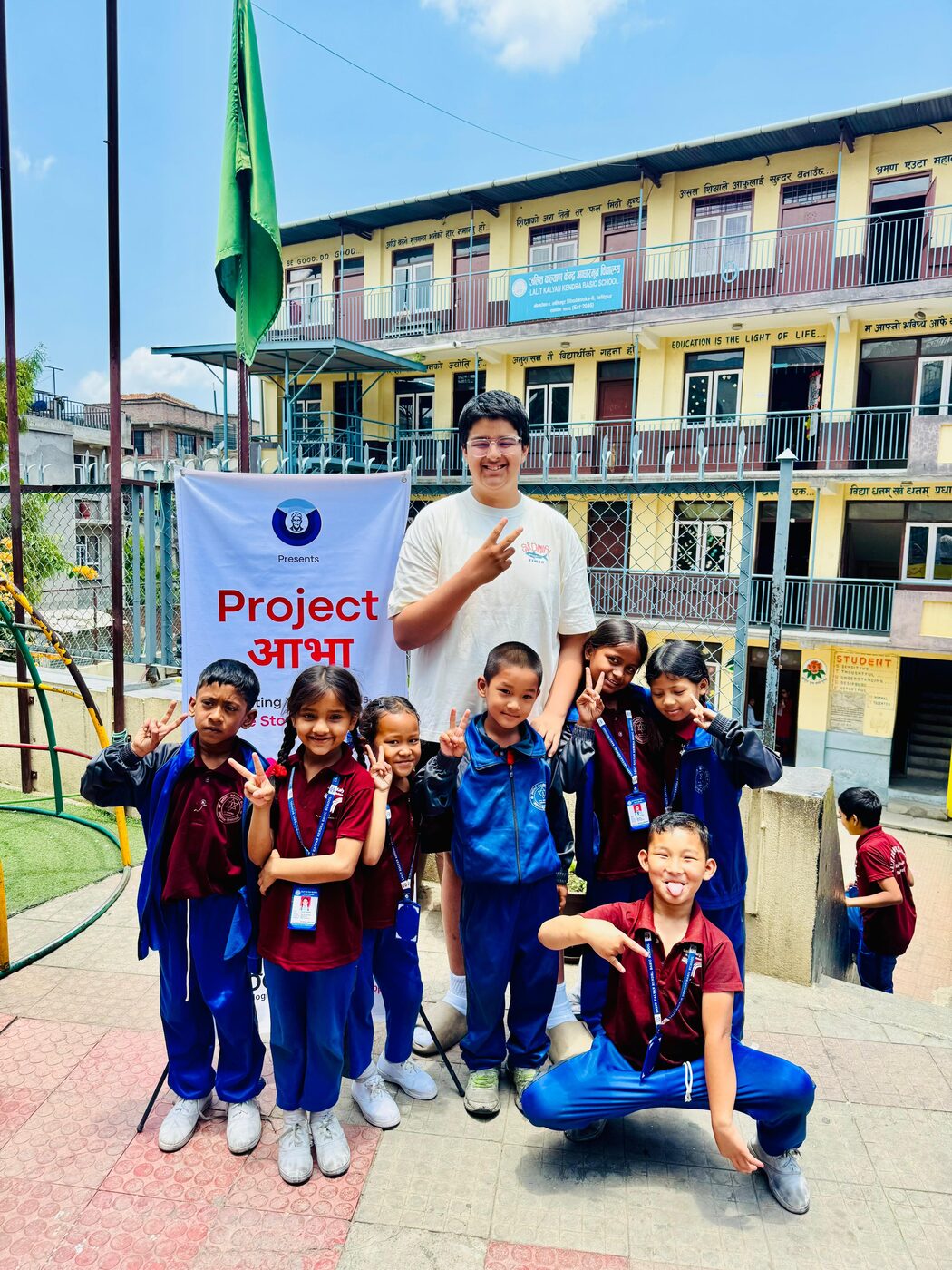 Volunteers and students at Lalit Kalyan Kendra Basic School, Lalitpur