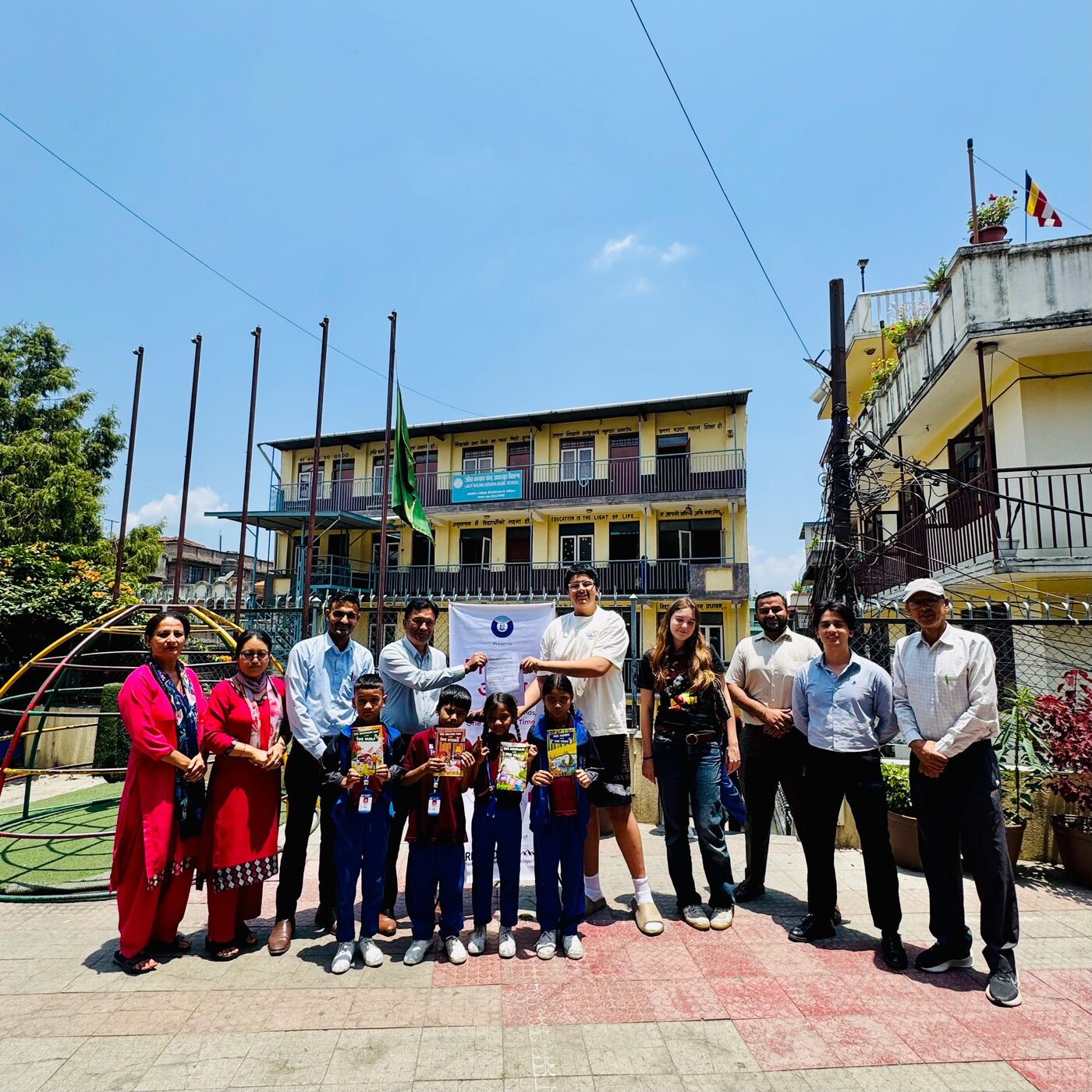 Group photo at a Lalitpur school book-donation event