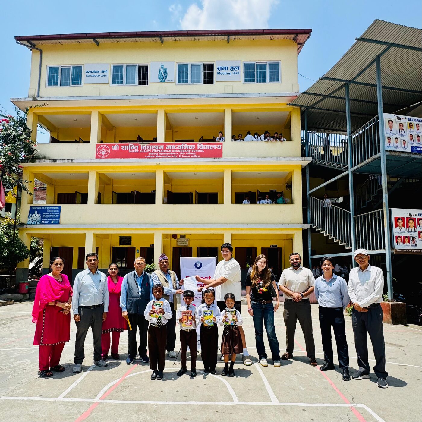 Team and students outside Shree Shanti Vidyashram Secondary School, Lalitpur