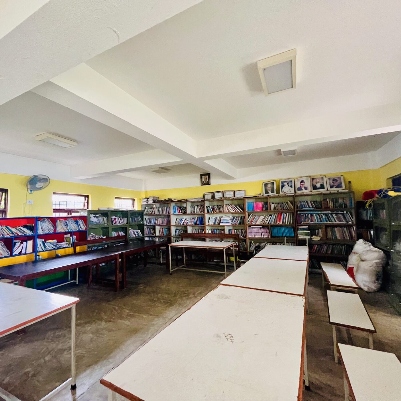 The school library at Shree Mandali Secondary School, shelves full of books